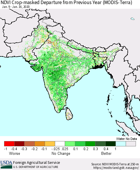 Southern Asia Cropland NDVI Departure from Previous Year (Terra-MODIS) Thematic Map For 1/11/2020 - 1/20/2020