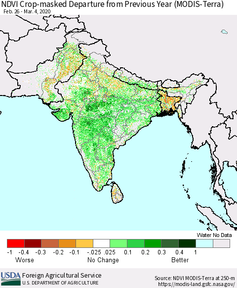 Southern Asia Cropland NDVI Departure from Previous Year (Terra-MODIS) Thematic Map For 3/1/2020 - 3/10/2020