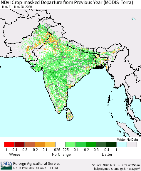 Southern Asia Cropland NDVI Departure from Previous Year (Terra-MODIS) Thematic Map For 3/21/2020 - 3/31/2020