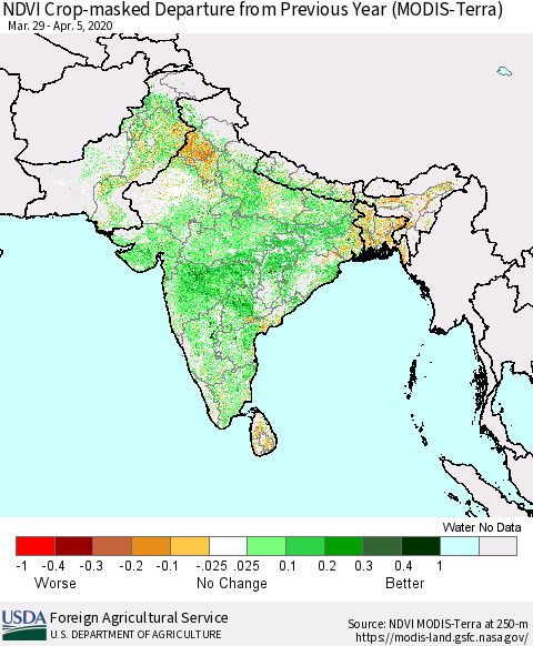 Southern Asia NDVI Crop-masked Departure from Previous Year (MODIS-Terra) Thematic Map For 4/1/2020 - 4/10/2020