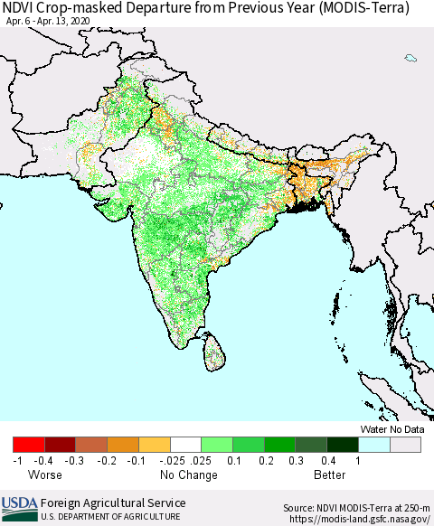 Southern Asia Cropland NDVI Departure from Previous Year (Terra-MODIS) Thematic Map For 4/11/2020 - 4/20/2020