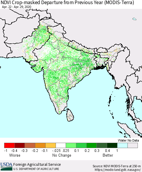 Southern Asia Cropland NDVI Departure from Previous Year (Terra-MODIS) Thematic Map For 4/21/2020 - 4/30/2020