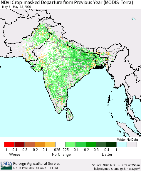 Southern Asia Cropland NDVI Departure from Previous Year (Terra-MODIS) Thematic Map For 5/11/2020 - 5/20/2020