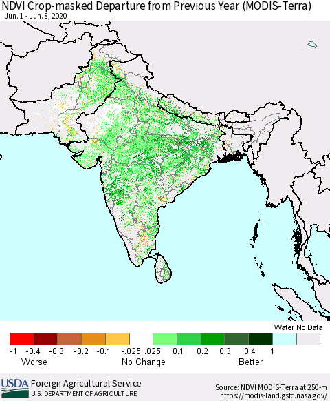 Southern Asia NDVI Crop-masked Departure from Previous Year (MODIS-Terra) Thematic Map For 6/1/2020 - 6/10/2020