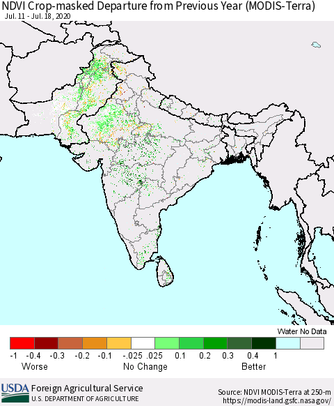 Southern Asia Cropland NDVI Departure from Previous Year (Terra-MODIS) Thematic Map For 7/11/2020 - 7/20/2020
