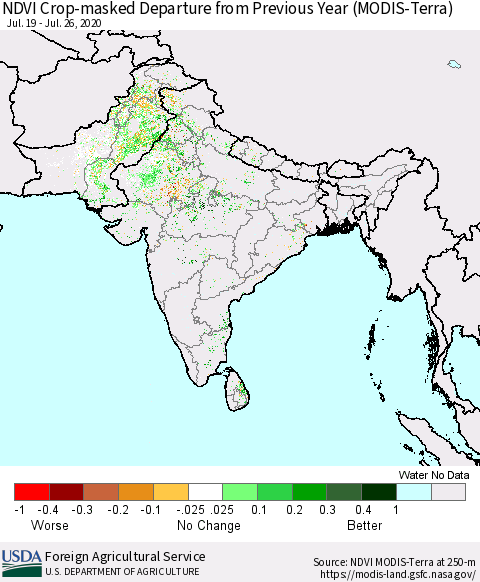 Southern Asia Cropland NDVI Departure from Previous Year (Terra-MODIS) Thematic Map For 7/21/2020 - 7/31/2020