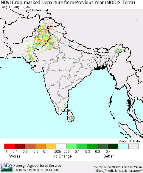 Southern Asia Cropland NDVI Departure from Previous Year (Terra-MODIS) Thematic Map For 8/11/2020 - 8/20/2020