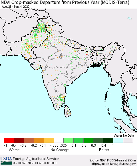 Southern Asia Cropland NDVI Departure from Previous Year (Terra-MODIS) Thematic Map For 9/1/2020 - 9/10/2020