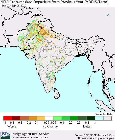 Southern Asia Cropland NDVI Departure from Previous Year (Terra-MODIS) Thematic Map For 9/21/2020 - 9/30/2020