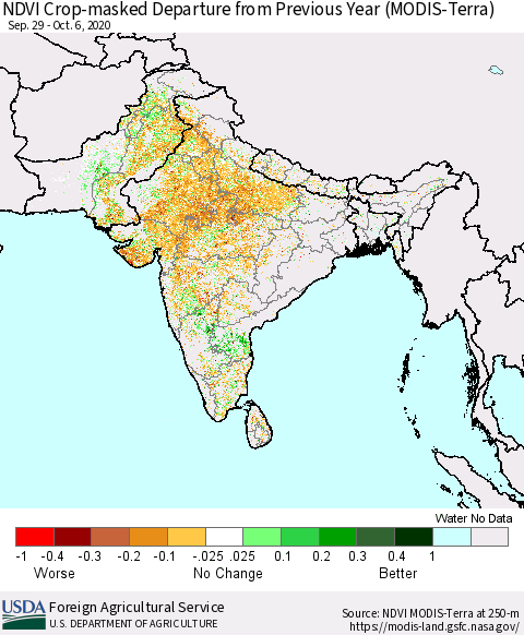 Southern Asia Cropland NDVI Departure from Previous Year (Terra-MODIS) Thematic Map For 10/1/2020 - 10/10/2020