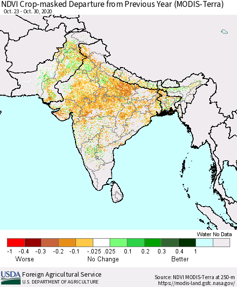Southern Asia NDVI Crop-masked Departure from Previous Year (MODIS-Terra) Thematic Map For 10/21/2020 - 10/31/2020