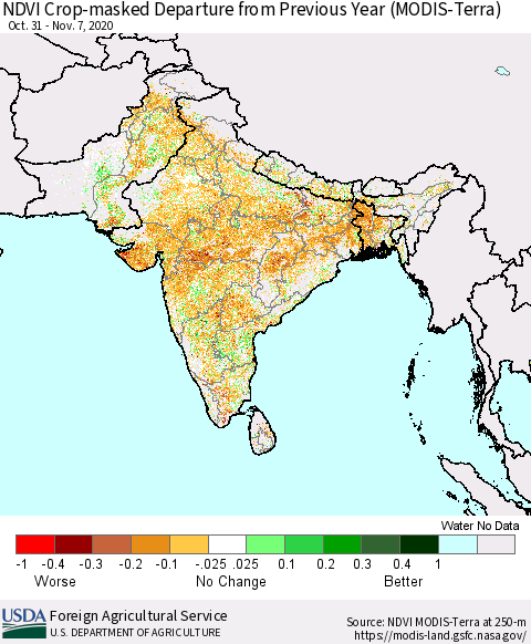 Southern Asia NDVI Crop-masked Departure from Previous Year (MODIS-Terra) Thematic Map For 11/1/2020 - 11/10/2020
