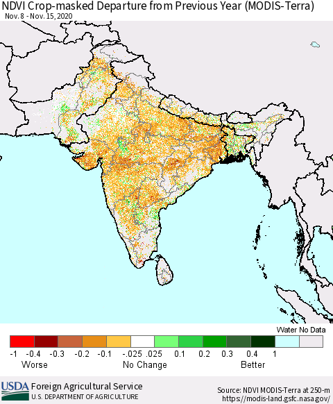 Southern Asia Cropland NDVI Departure from Previous Year (Terra-MODIS) Thematic Map For 11/11/2020 - 11/20/2020