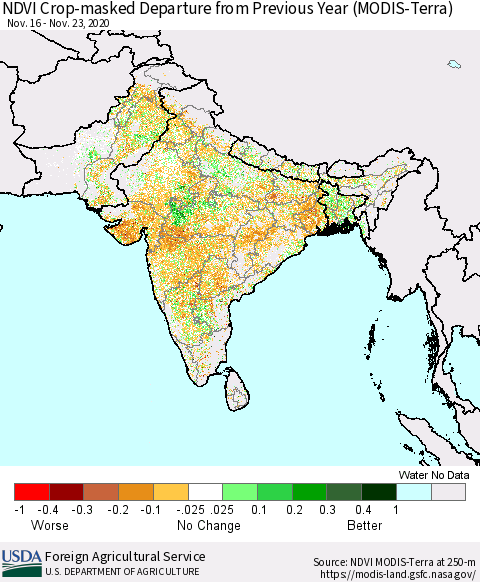 Southern Asia Cropland NDVI Departure from Previous Year (Terra-MODIS) Thematic Map For 11/21/2020 - 11/30/2020