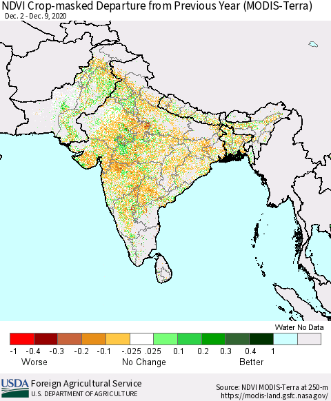 Southern Asia Cropland NDVI Departure from Previous Year (Terra-MODIS) Thematic Map For 12/1/2020 - 12/10/2020