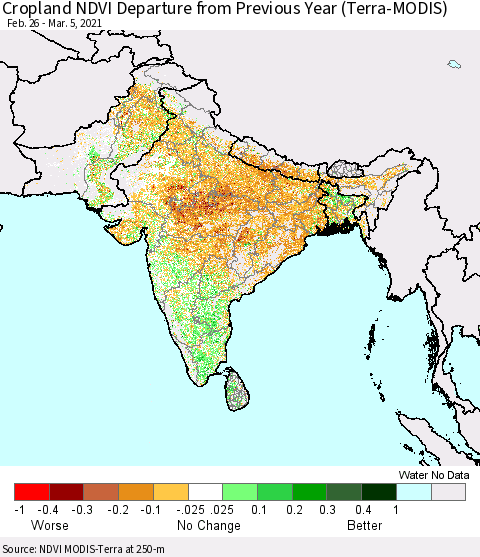 Southern Asia Cropland NDVI Departure from Previous Year (Terra-MODIS) Thematic Map For 2/26/2021 - 3/5/2021