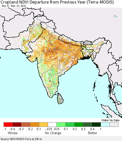 Southern Asia Cropland NDVI Departure from Previous Year (Terra-MODIS) Thematic Map For 3/6/2021 - 3/13/2021