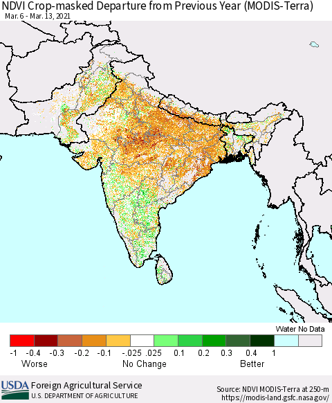 Southern Asia Cropland NDVI Departure from Previous Year (Terra-MODIS) Thematic Map For 3/11/2021 - 3/20/2021