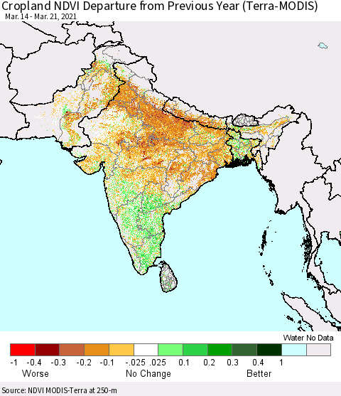 Southern Asia Cropland NDVI Departure from Previous Year (Terra-MODIS) Thematic Map For 3/14/2021 - 3/21/2021