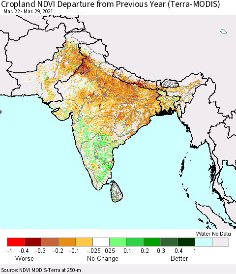 Southern Asia Cropland NDVI Departure from Previous Year (Terra-MODIS) Thematic Map For 3/22/2021 - 3/29/2021