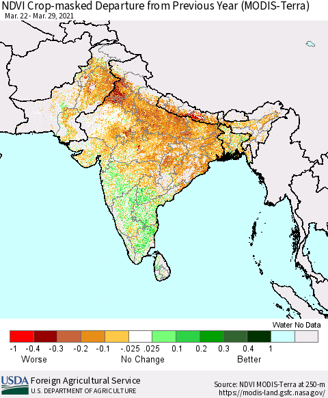 Southern Asia NDVI Crop-masked Departure from Previous Year (MODIS-Terra) Thematic Map For 3/21/2021 - 3/31/2021
