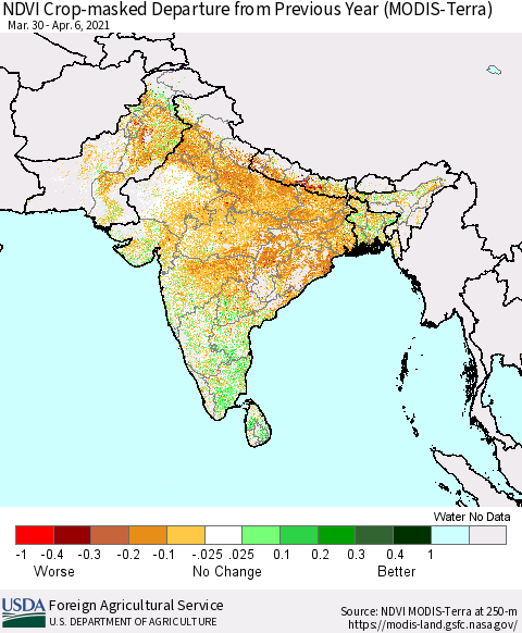 Southern Asia NDVI Crop-masked Departure from Previous Year (MODIS-Terra) Thematic Map For 4/1/2021 - 4/10/2021
