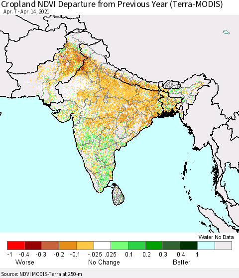 Southern Asia Cropland NDVI Departure from Previous Year (Terra-MODIS) Thematic Map For 4/7/2021 - 4/14/2021