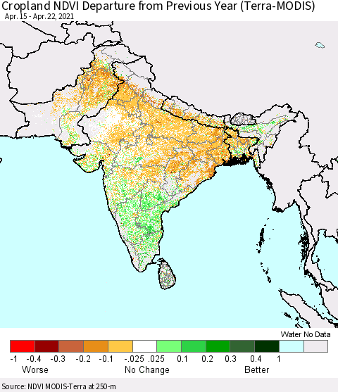 Southern Asia Cropland NDVI Departure from Previous Year (Terra-MODIS) Thematic Map For 4/15/2021 - 4/22/2021