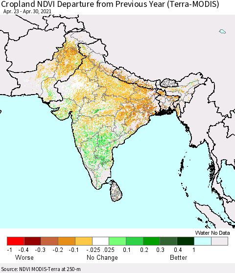 Southern Asia NDVI Crop-masked Departure from Previous Year (MODIS-Terra) Thematic Map For 4/21/2021 - 4/30/2021