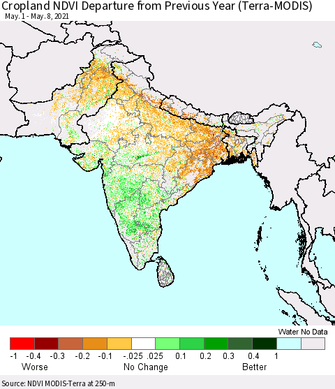 Southern Asia Cropland NDVI Departure from Previous Year (Terra-MODIS) Thematic Map For 5/1/2021 - 5/8/2021