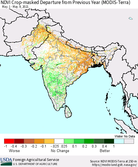 Southern Asia Cropland NDVI Departure from Previous Year (Terra-MODIS) Thematic Map For 5/1/2021 - 5/10/2021