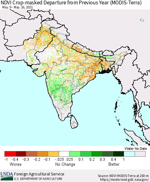 Southern Asia Cropland NDVI Departure from Previous Year (Terra-MODIS) Thematic Map For 5/11/2021 - 5/20/2021