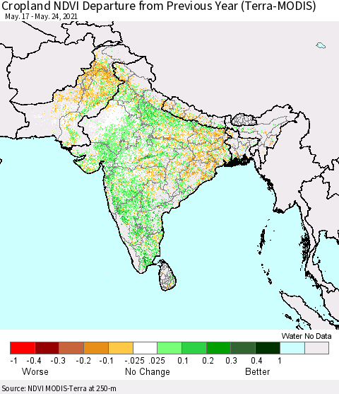 Southern Asia Cropland NDVI Departure from Previous Year (Terra-MODIS) Thematic Map For 5/17/2021 - 5/24/2021