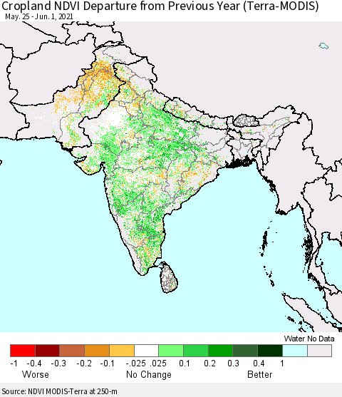 Southern Asia Cropland NDVI Departure from Previous Year (Terra-MODIS) Thematic Map For 5/25/2021 - 6/1/2021