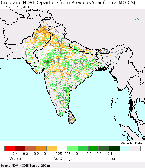 Southern Asia Cropland NDVI Departure from Previous Year (Terra-MODIS) Thematic Map For 6/2/2021 - 6/9/2021