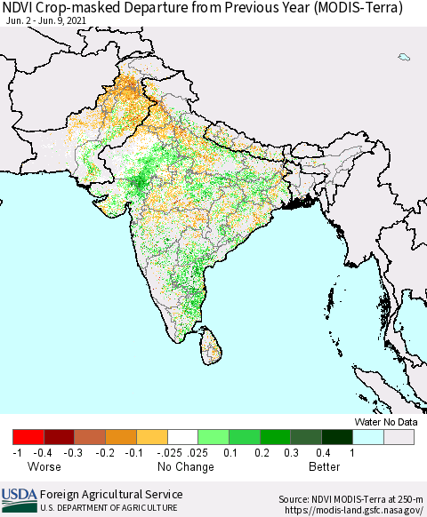Southern Asia Cropland NDVI Departure from Previous Year (Terra-MODIS) Thematic Map For 6/1/2021 - 6/10/2021