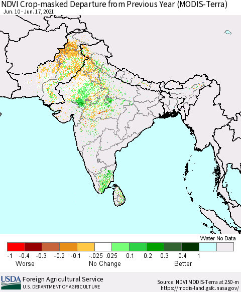 Southern Asia Cropland NDVI Departure from Previous Year (Terra-MODIS) Thematic Map For 6/11/2021 - 6/20/2021