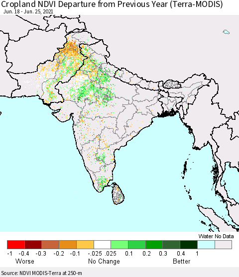 Southern Asia Cropland NDVI Departure from Previous Year (Terra-MODIS) Thematic Map For 6/18/2021 - 6/25/2021