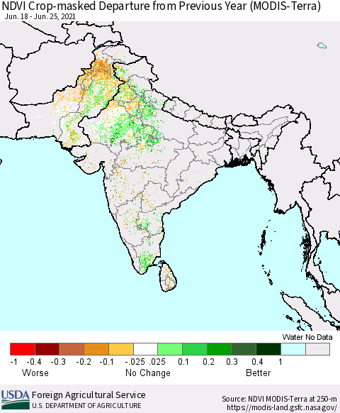 Southern Asia Cropland NDVI Departure from Previous Year (Terra-MODIS) Thematic Map For 6/21/2021 - 6/30/2021