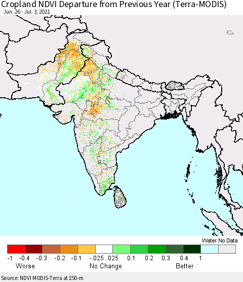 Southern Asia Cropland NDVI Departure from Previous Year (Terra-MODIS) Thematic Map For 6/26/2021 - 7/3/2021