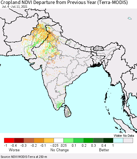 Southern Asia Cropland NDVI Departure from Previous Year (Terra-MODIS) Thematic Map For 7/4/2021 - 7/11/2021