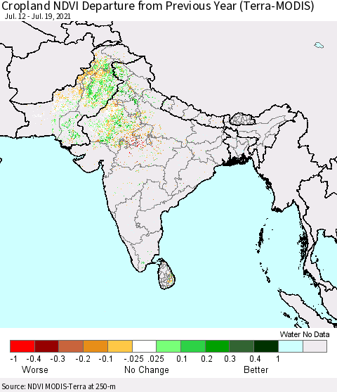 Southern Asia Cropland NDVI Departure from Previous Year (Terra-MODIS) Thematic Map For 7/12/2021 - 7/19/2021