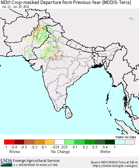 Southern Asia Cropland NDVI Departure from Previous Year (Terra-MODIS) Thematic Map For 7/11/2021 - 7/20/2021