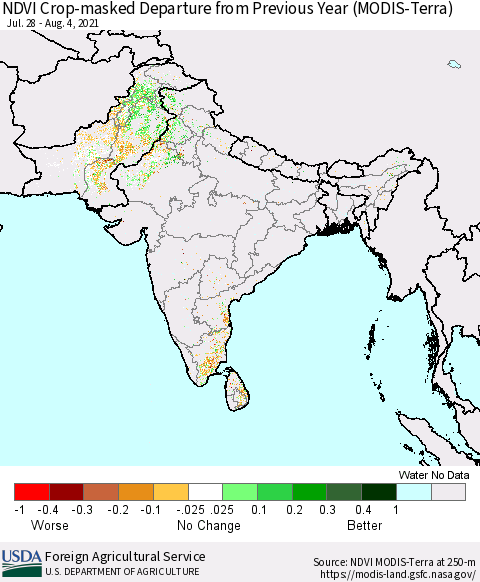 Southern Asia Cropland NDVI Departure from Previous Year (Terra-MODIS) Thematic Map For 8/1/2021 - 8/10/2021