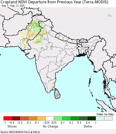Southern Asia Cropland NDVI Departure from Previous Year (Terra-MODIS) Thematic Map For 8/5/2021 - 8/12/2021