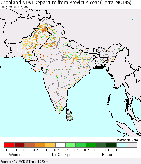 Southern Asia Cropland NDVI Departure from Previous Year (Terra-MODIS) Thematic Map For 8/29/2021 - 9/5/2021