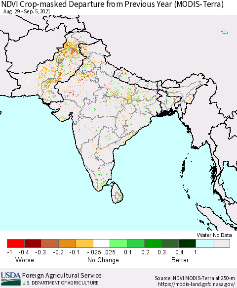 Southern Asia Cropland NDVI Departure from Previous Year (Terra-MODIS) Thematic Map For 9/1/2021 - 9/10/2021