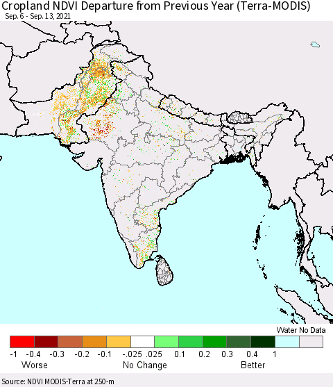 Southern Asia Cropland NDVI Departure from Previous Year (Terra-MODIS) Thematic Map For 9/6/2021 - 9/13/2021