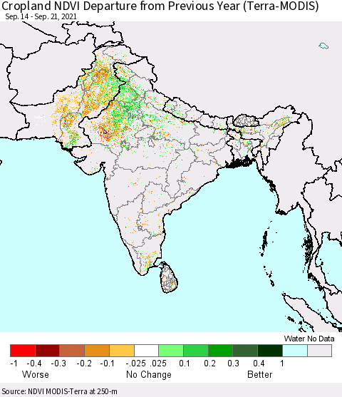 Southern Asia Cropland NDVI Departure from Previous Year (Terra-MODIS) Thematic Map For 9/14/2021 - 9/21/2021