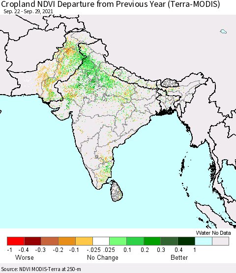 Southern Asia Cropland NDVI Departure from Previous Year (Terra-MODIS) Thematic Map For 9/22/2021 - 9/29/2021